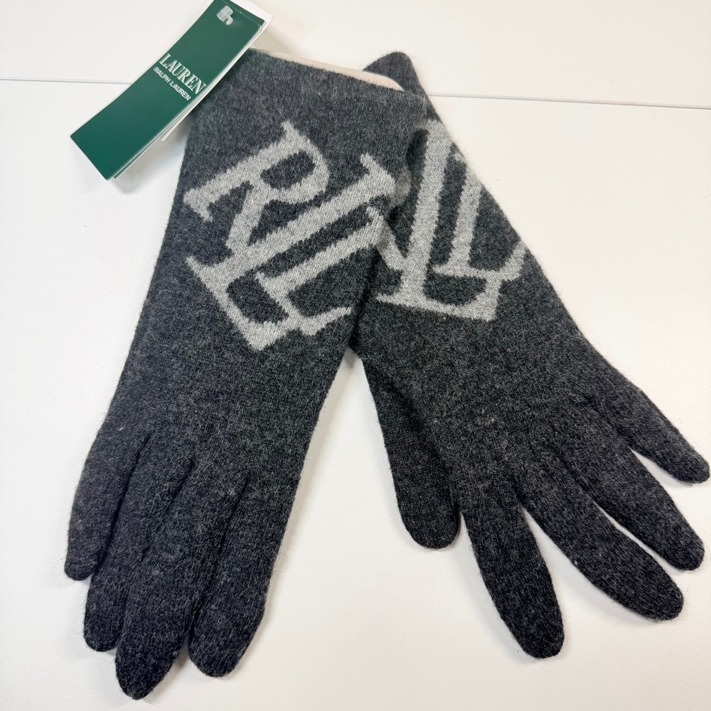 Lauren Ralph Lauren Gloves Women Medium Gray Logo Tech Touch Wool Blend Winter